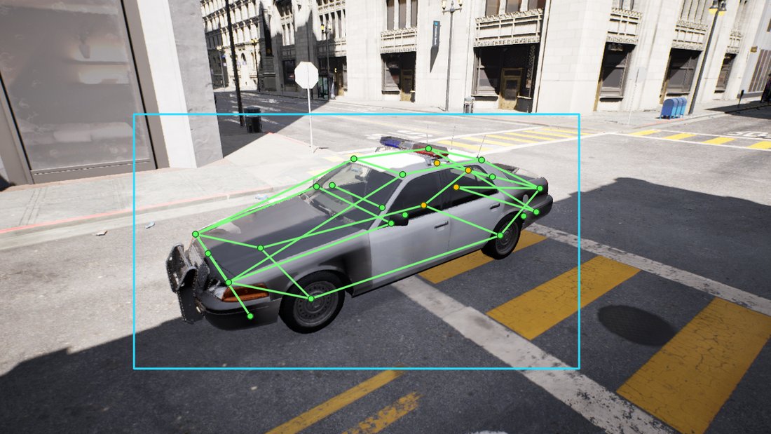 Predicted bounding box and keypoints on a synthetic vehicle
