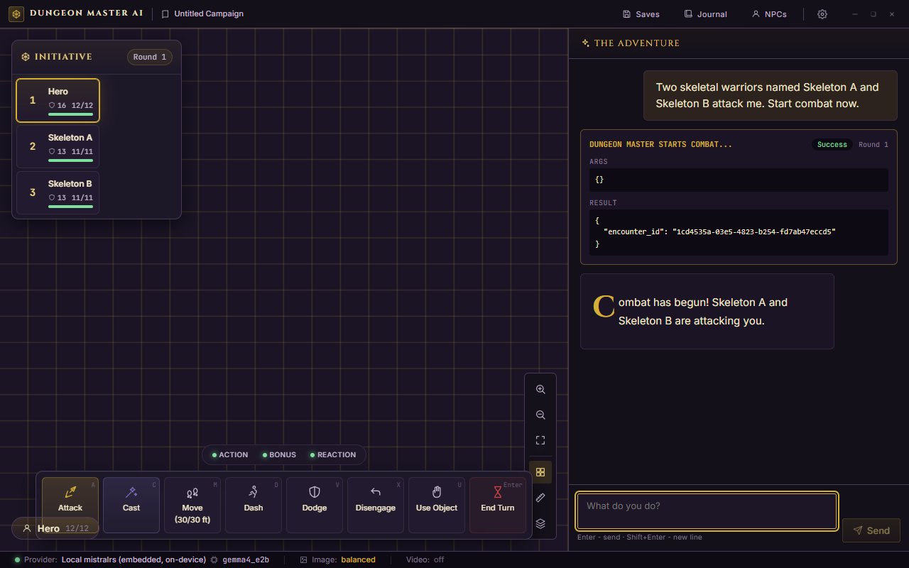 Dungeon Master AI combat: initiative tracker, virtual tabletop, action bar and AI tool-calls