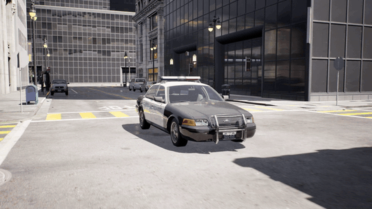 ue5-vehicle-synth demo: a car drives, gains its 24-point keypoint skeleton, then drives on as a wireframe ghost